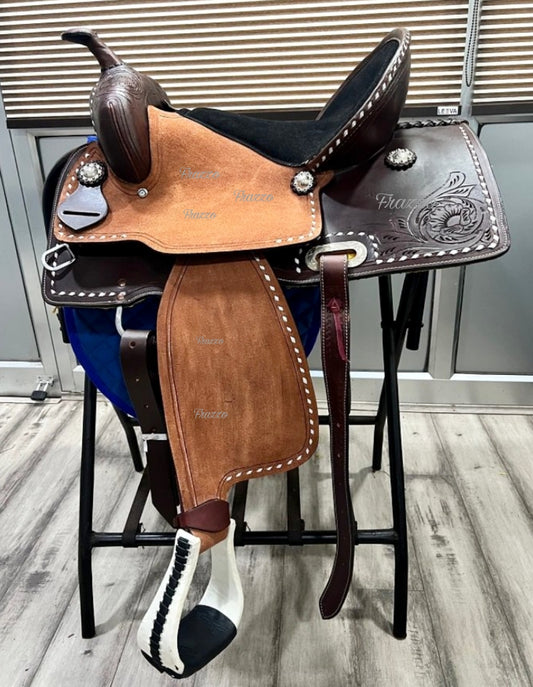 Premium leather western roping  horse saddle with matching headstall, reins, breastplate and cinch, western saddle