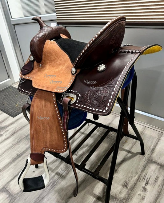 Premium leather western roping  horse saddle with matching headstall, reins, breastplate and cinch, western saddle